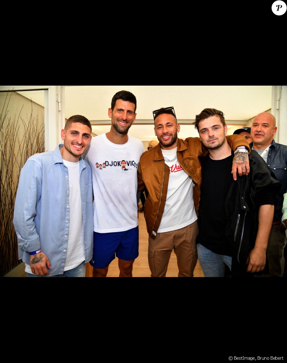 Marco Verratti, Neymar, Novak Djokovic,, Matteo Sinigaglia, CEO de Replay, Martin Garrix - Tennis : Les célébrités assistent à la 115ème édition du Rolex Monte-Carlo Masters à Monaco le 11 avril 2022 © Bruno Bebert / Bestimage