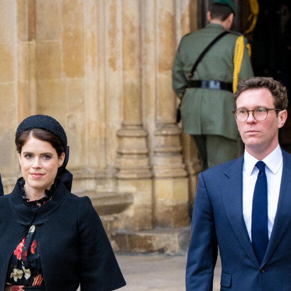 La princesse Eugenie d'York et son mari Jack Brooksbank lors du service d'action de grâce en hommage au prince Philip, duc d'Edimbourg, à l'abbaye de Westminster à Londres, Royaume Uni, le 29 mars 2022. Le prince Philip, duc d'Edimbourg, est décédé le 9 avril 2021.
