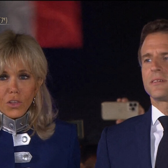 Captures d'écran - Le président Emmanuel Macron et sa femme Brigitte - Soirée électorale du 2e tour de l'élection présidentielle 2022 en France, le 24 avril 2022. Les premières estimations donnent le président sortant élu avec 58,5% des voix face à Marine Le Pen à 41,5