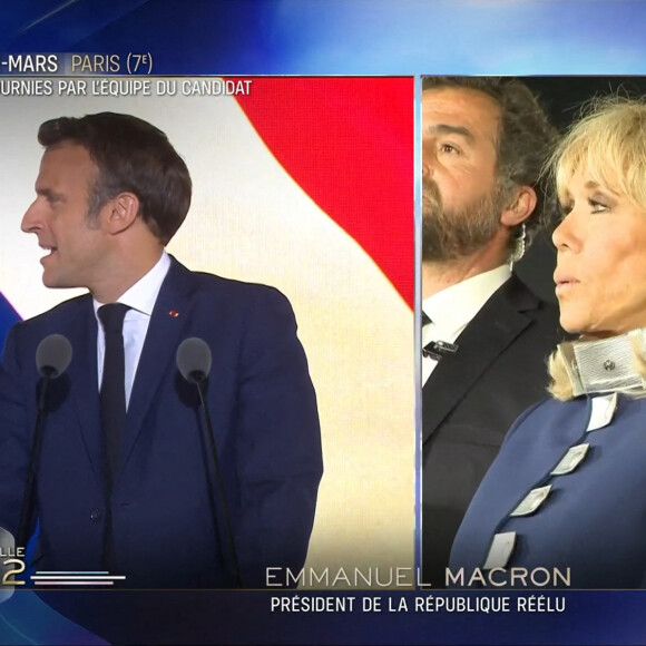 Captures d'écran - Le président Emmanuel Macron et sa femme Brigitte - Soirée électorale du 2e tour de l'élection présidentielle 2022 en France, le 24 avril 2022. Les premières estimations donnent le président sortant élu avec 58,5% des voix face à Marine Le Pen à 41,5