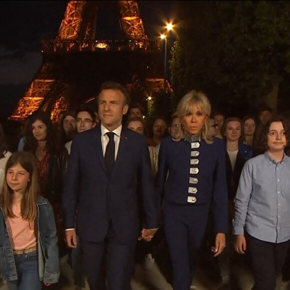 Captures d'écran - Le président Emmanuel Macron et sa femme Brigitte - Soirée électorale du 2e tour de l'élection présidentielle 2022 en France, le 24 avril 2022. Les premières estimations donnent le président sortant élu avec 58,5% des voix face à Marine Le Pen à 41,5
