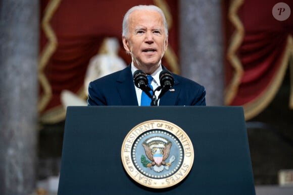 Joe Biden (président des Etats-Unis) lors de l'anniversaire de l'attaque du Capitole depuis le Capitole à Washington DC, le 6 janvier 2022.