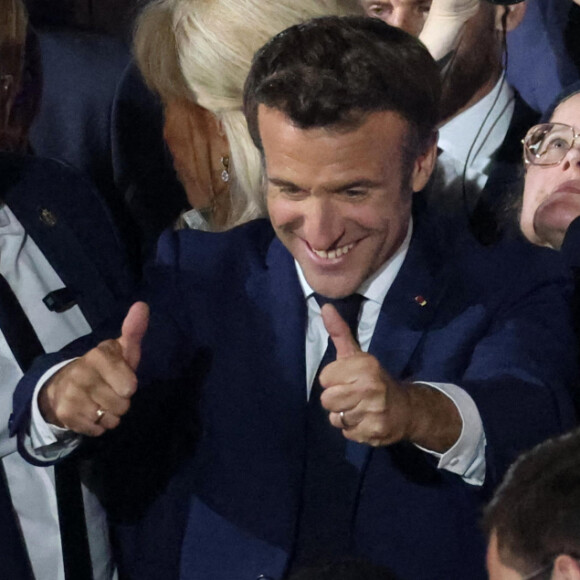 Le président Emmanuel Macron au Champ de Mars le soir de sa victoire à l'élection présidentielle le 24 avril 2022