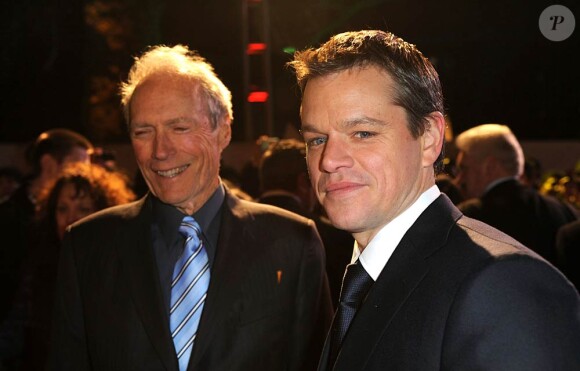 Clint Eastwood et Matt Damon à l'occasion de l'avant-première britannique d'Invictus, à l'Odeon de Leicester Square, à Londres, le 31 janvier 2010.