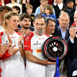 Lisa Caussin Battaglia, Marco Simone, le prince Albert II de Monaco et son fils Le prince Jacques de Monaco, marquis des Baux lors de la 29ème édition du World Stars Football Match au Stade Louis II à Monaco, le 24 mai 2022. © Bruno Bebert/Bestimage 