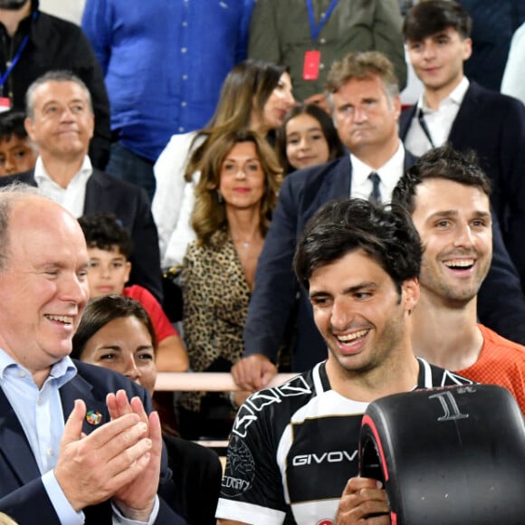 Le prince Albert II de Monaco, son fils Le prince Jacques de Monaco, marquis des Baux, lors de la 29ème édition du World Stars Football Match au Stade Louis II à Monaco, le 24 mai 2022. © Bruno Bebert/Bestimage 