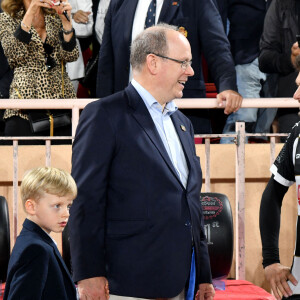 Le prince Albert II de Monaco, son fils Le prince Jacques de Monaco, marquis des Baux, lors de la 29ème édition du World Stars Football Match au Stade Louis II à Monaco, le 24 mai 2022. © Bruno Bebert/Bestimage 