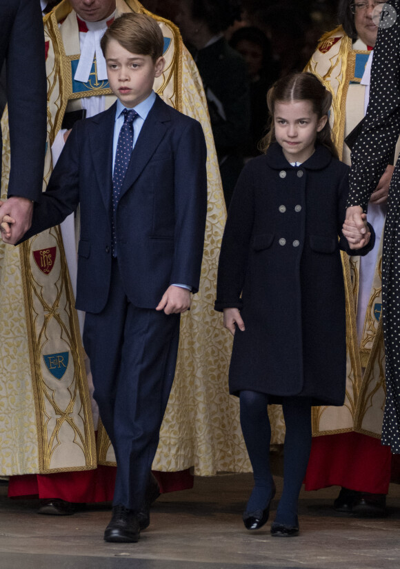 Le prince George de Cambridge, La princesse Charlotte de Cambridge - Service d'action de grâce en hommage au prince Philip, duc d'Edimbourg, à l'abbaye de Westminster à Londres, le 29 mars 2022. Le prince Philip, duc d'Edimbourg, est décédé le 9 avril 2021.