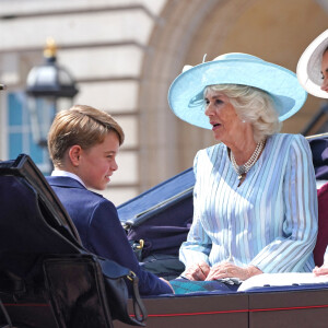 Le prince George, Camilla Parker Bowles, duchesse de Cornouailles, Catherine Kate Middleton, duchesse de Cambridge - Les membres de la famille royale lors de la parade militaire "Trooping the Colour" dans le cadre de la célébration du jubilé de platine (70 ans de règne) de la reine Elizabeth II à Londres, le 2 juin 2022. 