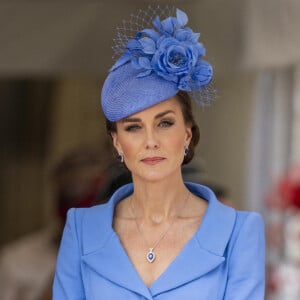 Catherine (Kate) Middleton, duchesse de Cambridge, lors de la cérémonie de l'ordre de la Jarretière à la chapelle Saint-Georges du château de Windsor. Cette année pour la première fois Camilla Parker Bowles, duchesse de Cornouailles, a été investie comme nouveau chevalier de l'ordre de la Jarretière par la reine et a pu participer à la procession au côté du prince Charles. Londres, la 13 juin 2022. 