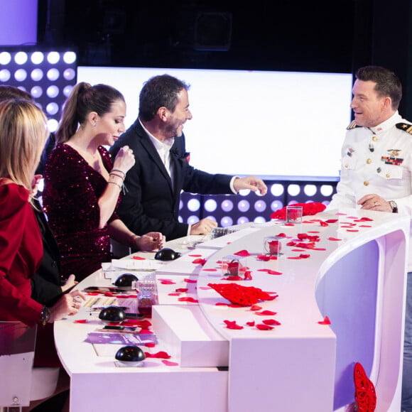 Magali Berdah, bernard Montiel, Benjamin Castaldi - Enregistrement de l'émission TPMP "Ouvert à Tous" sur C8, présentée par B.Castaldi à Paris, le 14 février 2020. © Jack Tribeca / Bestimage 