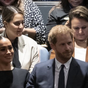 Le prince Harry, duc de Sussex et Meghan Markle, duchesse de Sussex, lors de la célébration du "Nelson Mandela International Day" au siège de l'ONU à New York. Le Prix Nelson Mandela des Nations Unies 2020 a été décerné à Mme Marianna V. Vardinoyannis de Grèce et au Dr Morissanda Kouyate de Guinée. New York, le 18 juillet 2022.