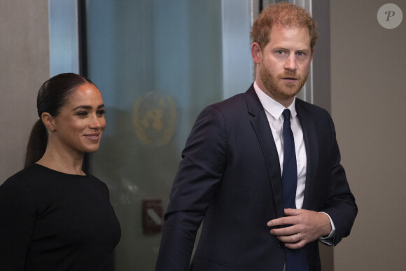 Le prince Harry, duc de Sussex et Meghan Markle, duchesse de Sussex, lors de la célébration du "Nelson Mandela International Day" au siège de l'ONU à New York. Le Prix Nelson Mandela des Nations Unies 2020 a été décerné à Mme Marianna V. Vardinoyannis de Grèce et au Dr Morissanda Kouyate de Guinée. New York, le 18 juillet 2022.