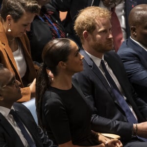 Le prince Harry, duc de Sussex et Meghan Markle, duchesse de Sussex, lors de la célébration du "Nelson Mandela International Day" au siège de l'ONU à New York. Le Prix Nelson Mandela des Nations Unies 2020 a été décerné à Mme Marianna V. Vardinoyannis de Grèce et au Dr Morissanda Kouyate de Guinée. New York, le 18 juillet 2022.