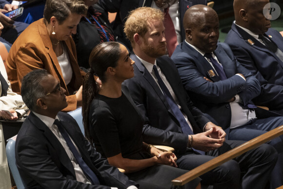 Le prince Harry, duc de Sussex et Meghan Markle, duchesse de Sussex, lors de la célébration du "Nelson Mandela International Day" au siège de l'ONU à New York. Le Prix Nelson Mandela des Nations Unies 2020 a été décerné à Mme Marianna V. Vardinoyannis de Grèce et au Dr Morissanda Kouyate de Guinée. New York, le 18 juillet 2022.