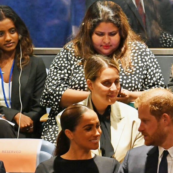 Le prince Harry, duc de Sussex et Meghan Markle, duchesse de Sussex, lors de la célébration du "Nelson Mandela International Day" au siège de l'ONU à New York. Le Prix Nelson Mandela des Nations Unies 2020 a été décerné à Mme Marianna V. Vardinoyannis de Grèce et au Dr Morissanda Kouyate de Guinée. New York, le 18 juillet 2022.