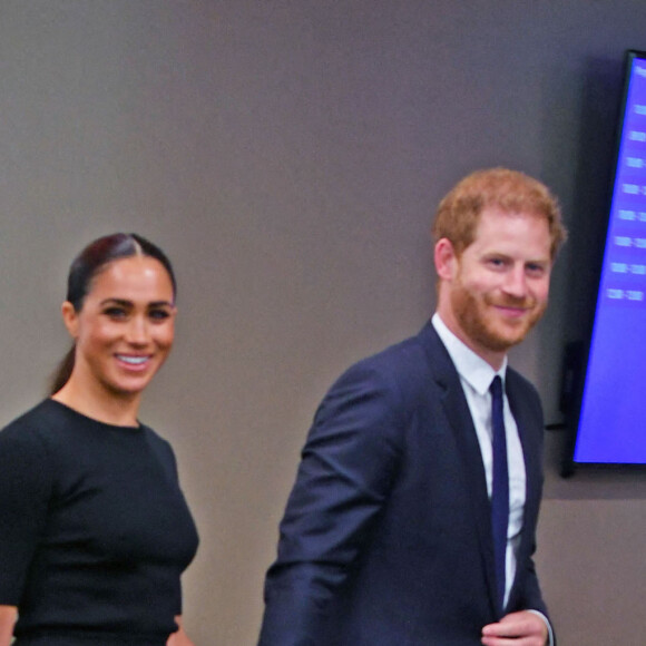 Le prince Harry, duc de Sussex et Meghan Markle, duchesse de Sussex, lors de la célébration du "Nelson Mandela International Day" au siège de l'ONU à New York. Le Prix Nelson Mandela des Nations Unies 2020 a été décerné à Mme Marianna V. Vardinoyannis de Grèce et au Dr Morissanda Kouyate de Guinée. New York, le 18 juillet 2022.