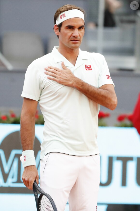 Roger Federer pour son grand retour sur la terre battue bat R. Gasquet (6/2 - 6/3) au tournoi de tennis Masters 1000 Madrid le 7 Mai 2019.