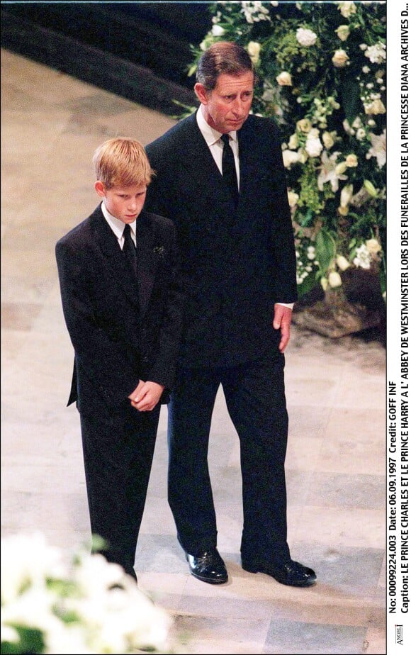 Le Prince Charles accompagne son fils le Prince Harry dans l'Abbaye de Westminster pour les obsèques de sa mère Diana
