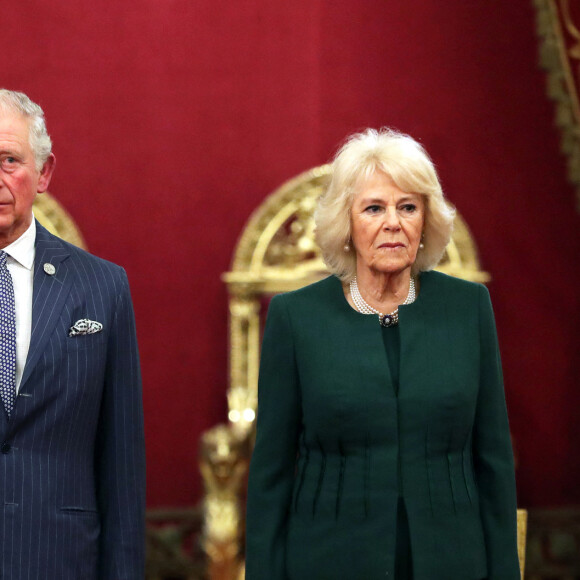 Le prince Charles, prince de Galles, Camilla Parker Bowles, duchesse de Cornouailles, Lors de la remise des Prix Anniversaire de la Reine pour Higher and Further Education à Buckingham Palace, Londres. Le 20 février 2020. 