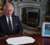 Le roi Charles III d'Angleterre prononce son discours à la nation et au Commonwealth depuis le palais de Buckingham à Londres, Royaume Uni, le 9 septembre 2022. 