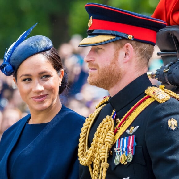 Le prince Harry, duc de Sussex, et Meghan Markle, duchesse de Sussex, première apparition publique de la duchesse depuis la naissance du bébé royal Archie lors de la parade Trooping the Colour 2019, célébrant le 93ème anniversaire de la reine Elisabeth II, au palais de Buckingham, Londres, le 8 juin 2019. 