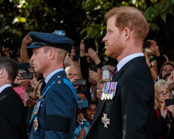Le prince William, le prince Harry - Procession cérémonielle du cercueil de la reine Elizabeth II du palais de Buckingham à Westminster Hall à Londres le 14 septembre 2022. © Photoshot / Panoramic / Bestimage 