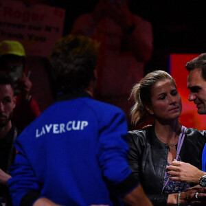 Roger Federer (Sui) et sa femme Mirka - Tennis : Roger Federer, tire sa révérence en larmes, lors de Laver Cup à l'O2 Arena de Londres le 23 septembre 2022. La paire Federer/Nadal (Europe) s'est inclinée face à Sock/Tiafoe (Reste du monde) 4-6, 7-6 (7/2), 11-9. © Antoine Couvercelle / Panoramic / Bestimage 