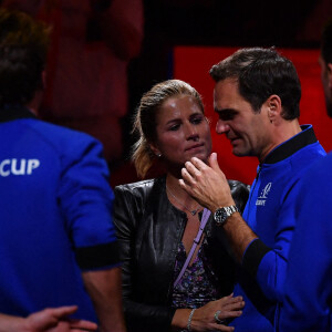 Roger Federer (Sui) et sa femme Mirka - Tennis : Roger Federer, tire sa révérence en larmes, lors de Laver Cup à l'O2 Arena de Londres le 23 septembre 2022. La paire Federer/Nadal (Europe) s'est inclinée face à Sock/Tiafoe (Reste du monde) 4-6, 7-6 (7/2), 11-9. © Antoine Couvercelle / Panoramic / Bestimage 