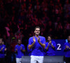 Roger Federer (Sui) , Rafael Nadal (Esp) , Stefanos Tsitsipas (Gre) , Novak Djokovic (Ser) - Tennis : Roger Federer, tire sa révérence en larmes, lors de Laver Cup à l'O2 Arena de Londres. La paire Federer/Nadal (Europe) s'est inclinée face à Sock/Tiafoe (Reste du monde) 4-6, 7-6 (7/2), 11-9. © Antoine Couvercelle / Panoramic / Bestimage 