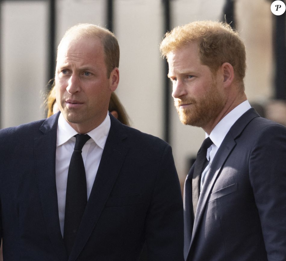 Le prince de Galles William, le prince Harry, duc de Sussex à la rencontre de la foule devant le château de Windsor, suite au décès de la reine Elisabeth II d&#039;Angleterre. Le 10 septembre 2022   
