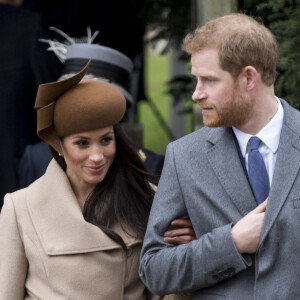 Le prince Harry et sa fiancée Meghan Markle - La famille royale d'Angleterre arrive à la messe de Noël à l'église Sainte-Marie-Madeleine à Sandringham, le 25 décembre 2017. 