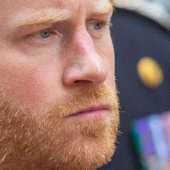 Le prince Harry, duc de Sussex - Procession du cercueil de la reine Elizabeth II d'Angleterre de l'Abbaye de Westminster à Wellington Arch à Hyde Park Corner, près du palais de Buckingham, au son de Big Ben et de coups de canon. Dans le cadre des funérailles d'Etat, le cercueil sera ensuite transféré dans le corbillard royal pour prendre la direction du château de Windsor. Londres, le 19 septembre 2022.