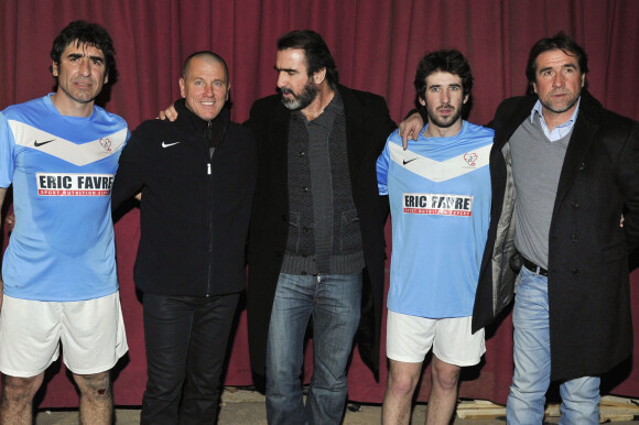 De gauche a droite, Joel Cantona, Pascal Olmeta, Eric Cantona, son fils Raphael et Jean Marie Cantona participent au 3eme Monaco Beach Soccer Show a Monaco le 9 fevrier 2013.