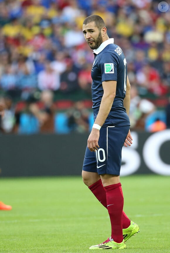 Karim Benzema - Victoire de l'équipe de France contre le Honduras 3 à 0 lors de la coupe du monde de football à Porto Alegre au Brésil le 15 juin 2014.