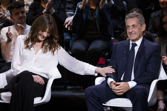 Exclusif - Carla Bruni Sarkozy et son mari Nicolas Sarkozy - Enregistrement de l'émission "Le Grand Echiquier", diffusée le 1er juillet sur France 2. Le 21 mars 2022