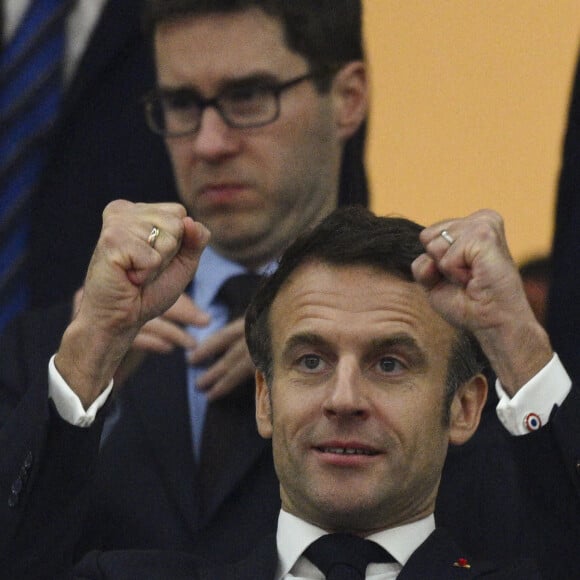 Emmanuel Macron, le président de la République Française - Le président de la République française Emmanuel Macron assiste au match de demi-finale "France - Maroc" lors de la Coupe du Monde 2022 au Qatar (FIFA World Cup Qatar 2022), le 14 décembre 2022. © JB Autissier / Panoramic / Bestimage