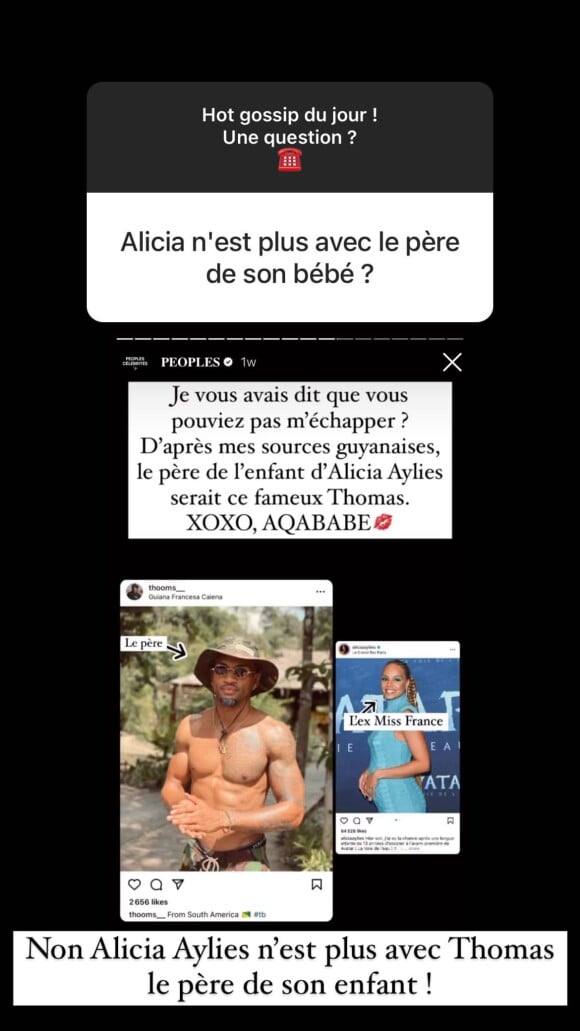 Aqababe dévoile l'identité du père de l'enfant d'Alicia Aylies sur Instagram.