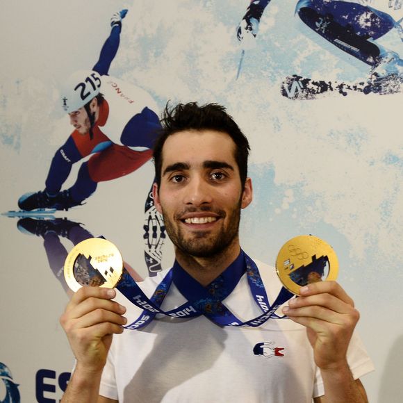 Martin Fourcade au club France après sa victoire sur le 20 km individuel aux JO de Sotchi, le 14 février 2014