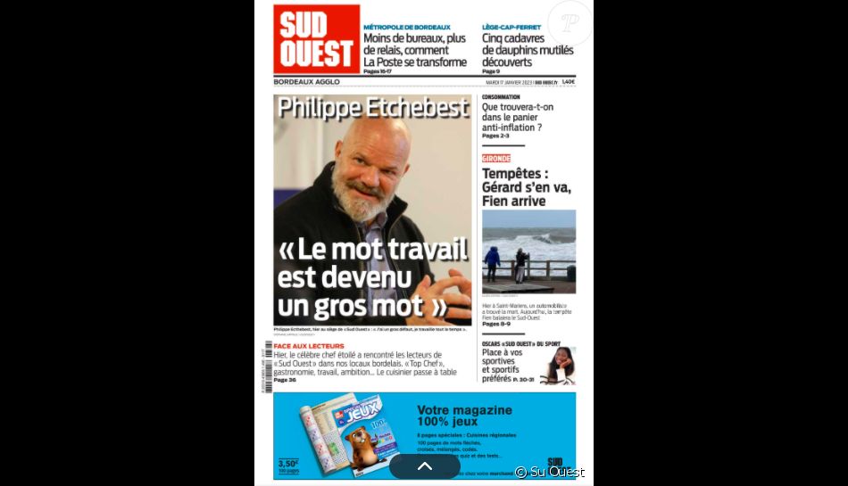 Couverture du journal Sud Ouest paru le 17 janvier 2023. Purepeople