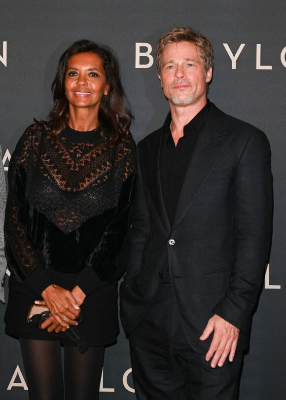 Brad Pitt et Karine Le Marchand à la première du film "Babylon" au cinéma Le Grand Rex à Paris, France, le 14 janvier 2023. © Coadic Guirec/Bestimage