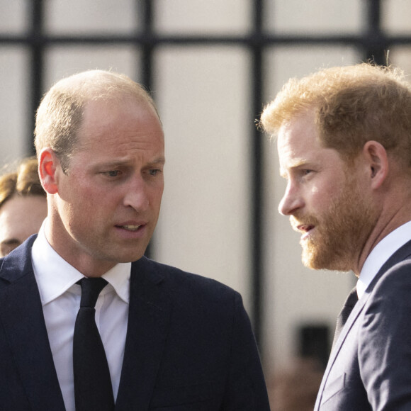 Le prince de Galles William, le prince Harry, duc de Sussex à la rencontre de la foule devant le château de Windsor, suite au décès de la reine Elisabeth II d'Angleterre. Le 10 septembre 2022 