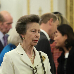 La princesse Anne lors d'une réception pour les communautés britanniques d'Asie de l'Est et du Sud-Est au Palais de Buckingham le 1er février 2023.