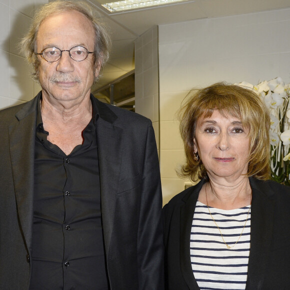 Exclusif - Patrick Chesnais et Josiane Stoléru - Soirée "Déguster du vin au restaurant Guy Savoy" à Paris le 18 mai 2015.