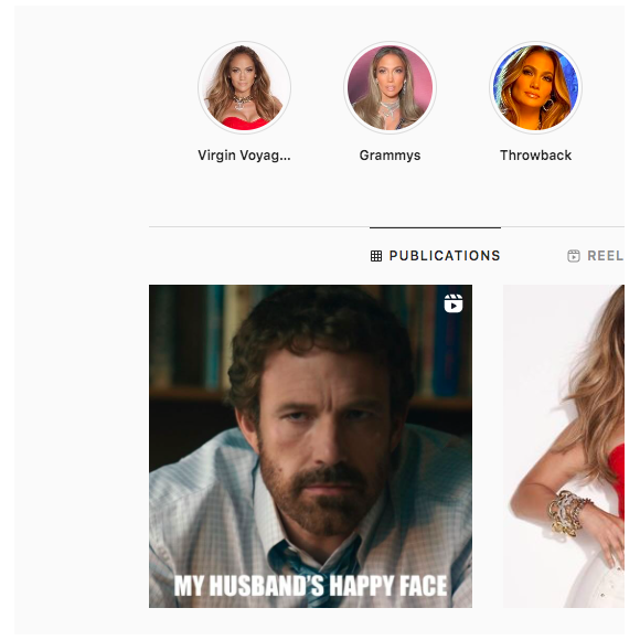 Capture d'écran du compte Instagram de Jennifer Lopez, l'épouse de Ben Affleck, et de sa publication avec la bande-annonce de la nouvelle réalisation de son mari, Air. Il apparaît dans la capture plus démotivé que jamais, une attitude qu'il réitère souvent comme lors des Grammys.