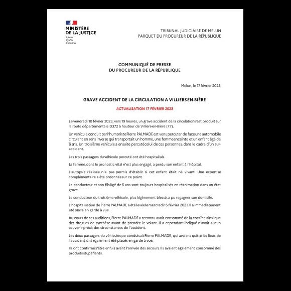 Cmmuniqué de presse du procureur de la République sur l'affaire de Pierre Palmade.