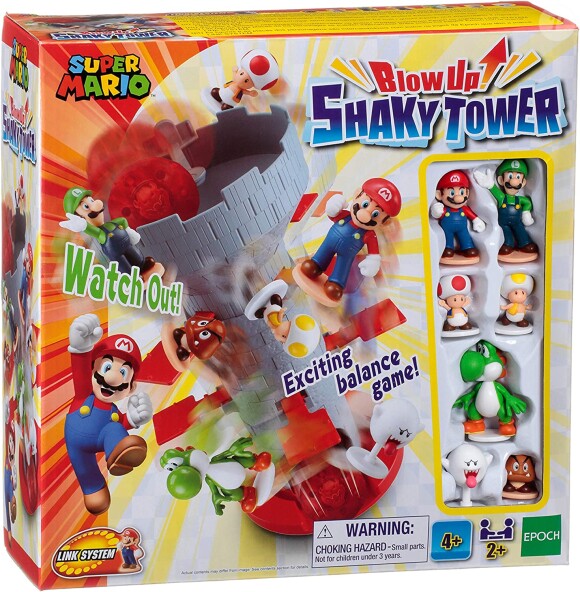 Conservez le plus de personnages sur la tour pour gagner dans ce jeu de société Blow Up Shaky Tower Super Mario d'Epoch Game