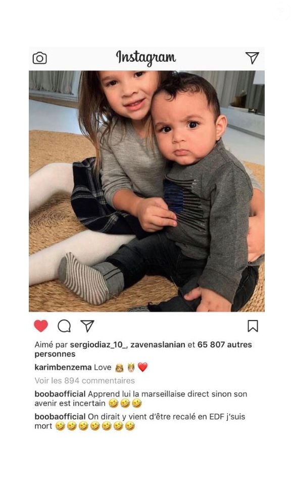 Karim Benzema publie une photo de sa fille Mélia et son Ibrahim sur Instagram le 14 janvier 2018. Booba laisse deux commentaires.