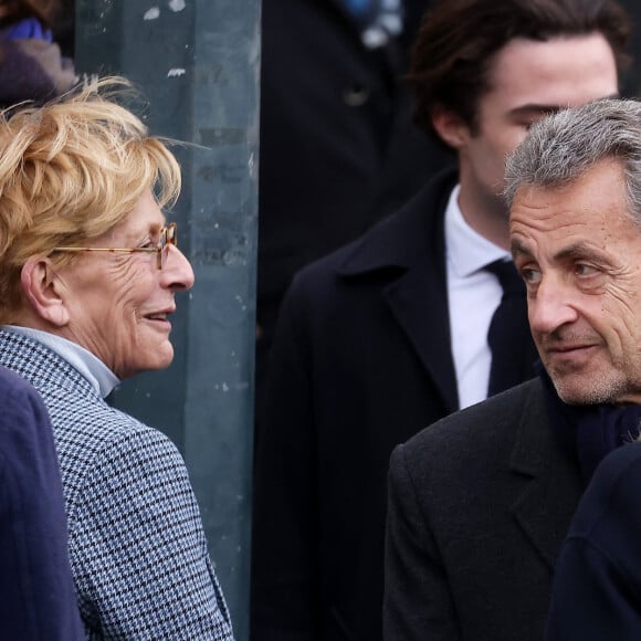 Isabelle Balkany et Nicolas Sarkozy - Sorties des obsèques de Päl Sarkozy de Nagy Bocsa, le père de Nicolas Sarkozy, en l'église Saint-Jean Baptiste à Neuilly sur Seine le 9 mars 2023. © Dominique Jacovides / Bestimage