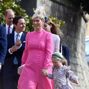 Zara Tindall, sa fille Lena, La princesse Beatrice d'York et son mari Edoardo Mapelli Mozzi, le prince George - La famille royale du Royaume Uni arrive pour assister à la messe de Pâques à la chapelle Saint Georges au château de Windsor, le 9 avril 2023. 